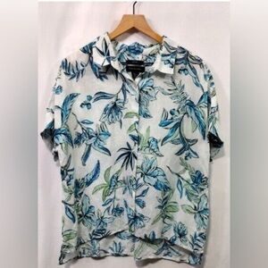 Tahari Women’s White/Blue Floral Button Up - 100% Linen - Size Medium